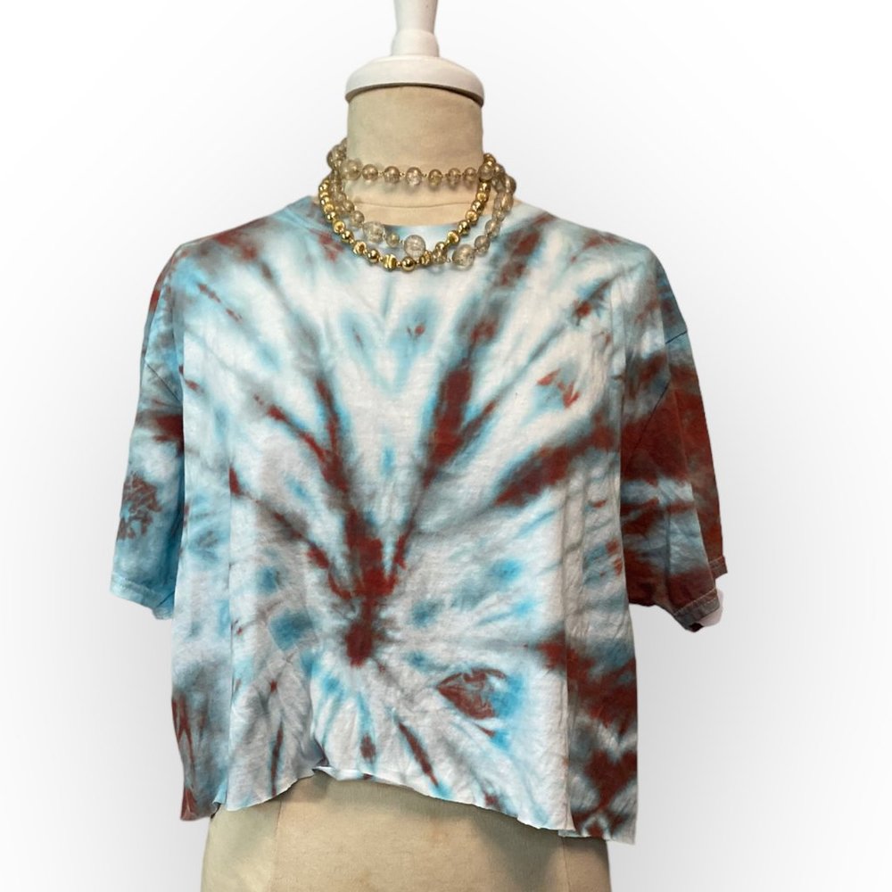 Tie Dye Crop Top, Blue Burgundy and White SZ XL